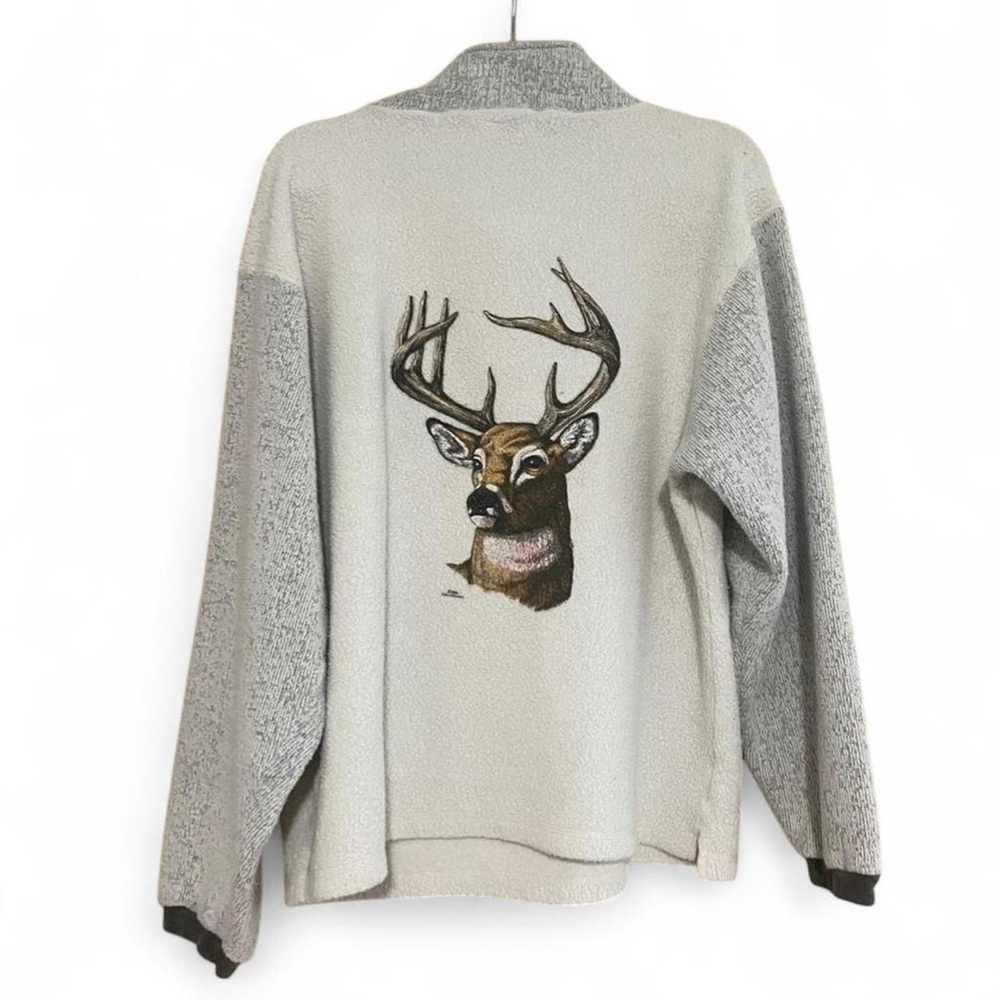 Cream and Gray quarter Zip-Up Sweater with Deer Design